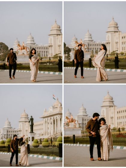 A four-panel collage showing the couple's romantic walk in front of a grand government building, capturing their interactions from different perspectives.