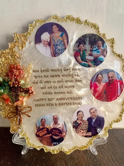The 50th-anniversary frame, a wonderful collage of a couple's life together, preserved in resin.