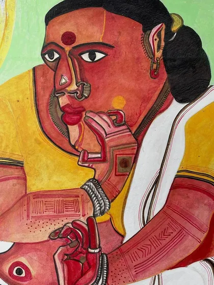 This close-up view highlights the expressive face and traditional jewellery in a painting by T. Vaikuntam. His work is a celebration of the people and culture of Telangana, rendered in his unmistakable and colourful artistic language.