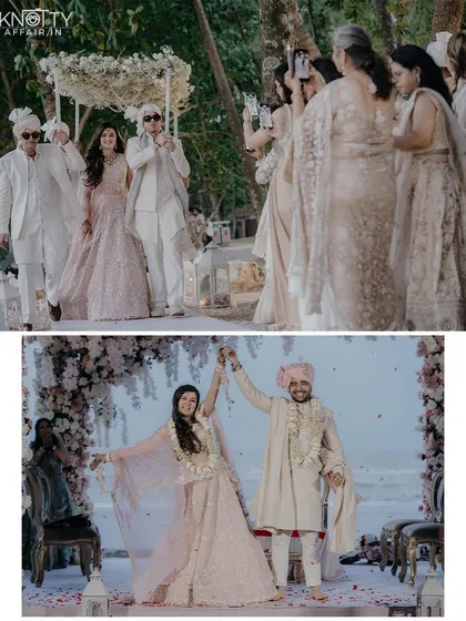 The bride's entrance and the couple's triumphant moment after the varmala. These images capture the flow of the ceremony, from the emotional walk down the aisle to the joyous celebration as husband and wife.