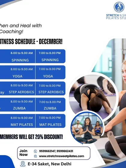 Here is our group fitness schedule for December, showing the variety of classes we offer, including Mat Pilates, Yoga, Spinning, and Zumba.