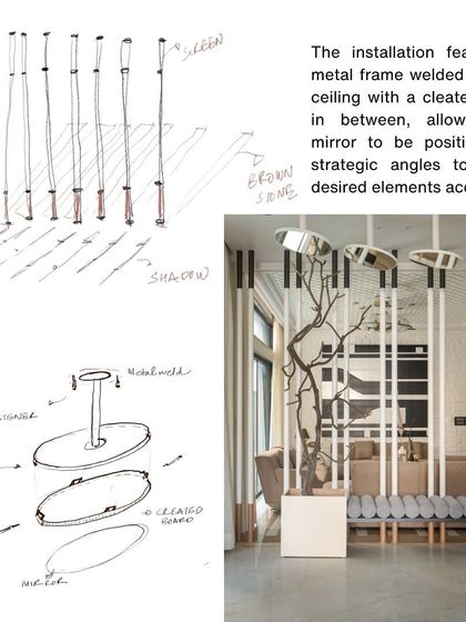 Technical drawings and a photo of the mirror installation, showing the metal frame and cleated board that allow the mirrors to be positioned at strategic angles.