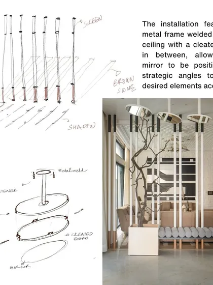 Technical drawings and a photo of the mirror installation, showing the metal frame and cleated board that allow the mirrors to be positioned at strategic angles.