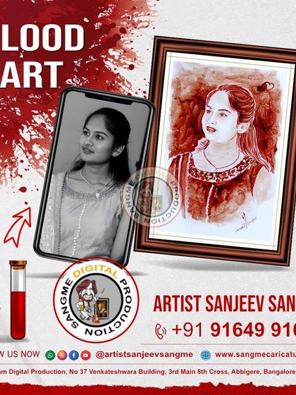 This before-and-after image shows how a black and white photo can be transformed into a vibrant blood art portrait. The medium adds a unique warmth and life to the final piece.
