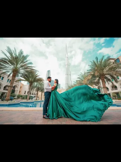 Taking celebrations global. This pre-wedding shoot in Dubai, with the iconic Burj Khalifa in the background, showcases our experience in managing and choreographing for international and NRI weddings.
