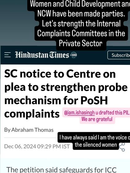A screenshot of a Hindustan Times article covering our PIL to strengthen the probe mechanism for PoSH complaints. I have always said I am the voice of the silenced women, and this legal battle is a testament to that commitment.