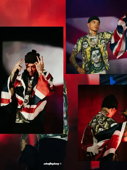 A creative collage of Central Cee with the British flag, showing multiple angles and poses from his patriotic display.