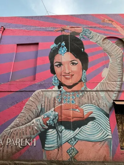 A colorful mural of actress Asha Parekh, another tribute to a Bollywood legend on the streets of Bandra.