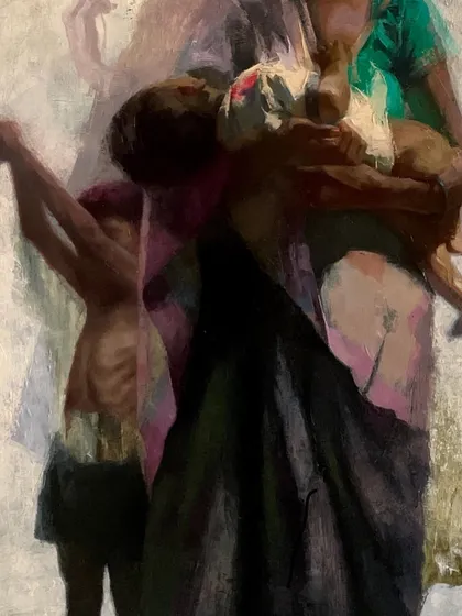 A detail from "Love & Hunger," focusing on the figures of the mother and children. The layered, almost translucent effect is used to convey memory, struggle, and the enduring maternal bond.