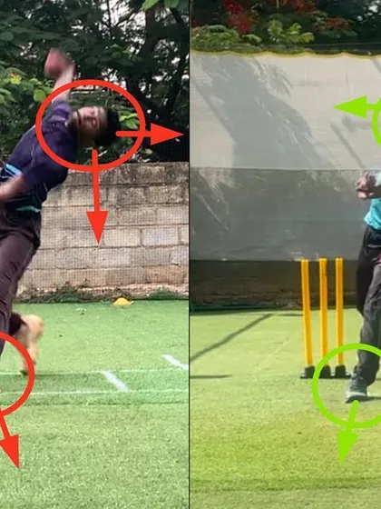 The head fall and poor front foot alignment were major issues. The 'after' shot shows a stable head and proper alignment, which are critical for preventing injuries and improving performance.