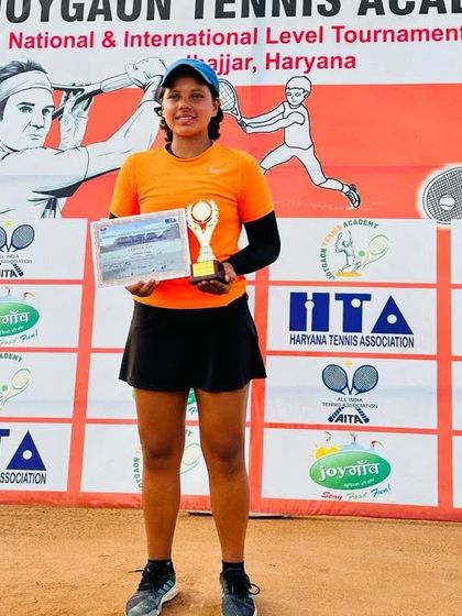 Samaira Malik proudly holding her finalist trophy at the National Series U-18 event in Jhajjar. Keep working hard, Samaira.