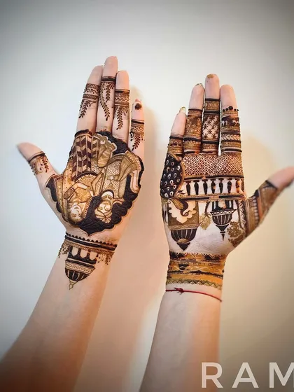 A unique design where the wedding story is split across two palms. One hand shows the groom on a horse, while the other depicts the bride with traditional pots, creating a single scene when brought together.