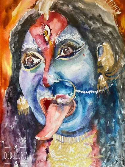 A powerful watercolor portrait of Maa Kali, painted for Kali Pujo. I used intense, fiery colors to capture her fierce energy and divine power.