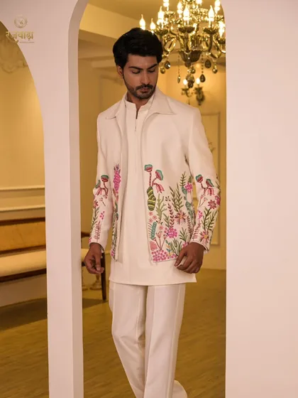 The ivory ensemble viewed from a slight distance, showing how it commands presence in a room. The wide lapels and intricate embroidery offer a unique take on the classic bandhgala.
