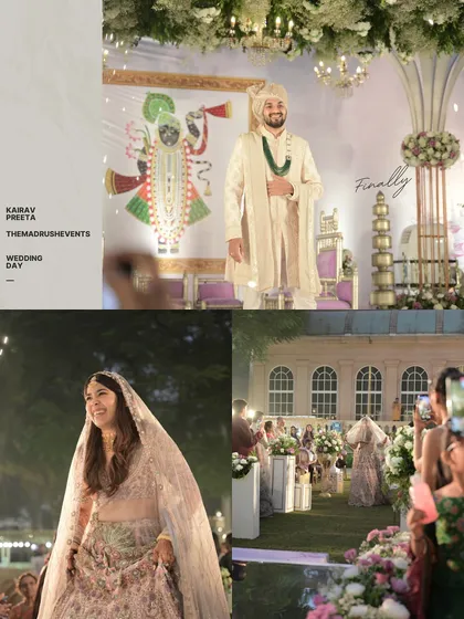 This collage shows the bride and groom against the backdrop of their elegant wedding stage, which combines modern white structures with traditional Indian art.