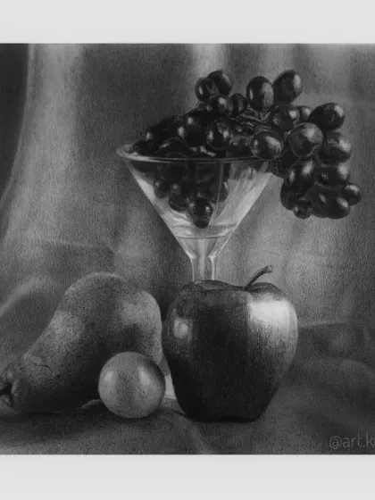A still life composition titled "A Stillness So True." This piece was a practice in patience, capturing the different textures of grapes, an apple, a pear, and a glass.