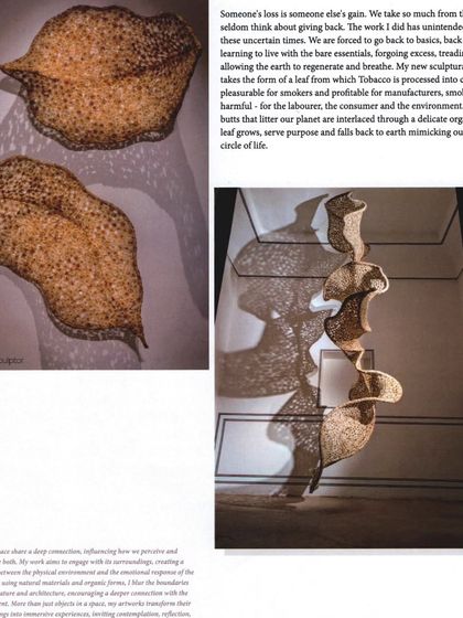 A feature in a publication showing my work. The text explains my philosophy on giving back to the earth and how the leaf form mimics our own cycle of life, growing, serving a purpose, and returning to the earth.