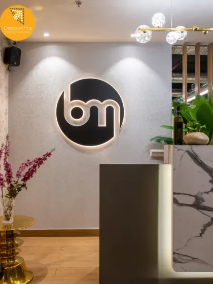 Every brand deserves a grand welcome. At Brandman, the reception speaks the language of design and detail, crafted with a backlit logo, marble desk, and modern lighting to make a strong first impression.