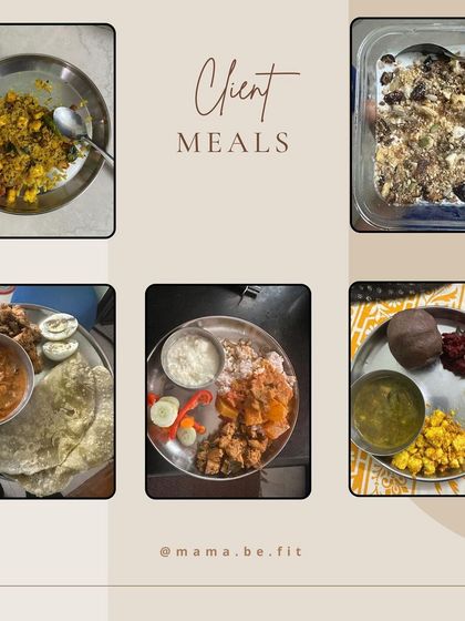 These are the kinds of delicious, balanced meals my clients eat. You can see paneer, dal, sabzi, and even overnight oats. This is what nourishing your body for results looks like.