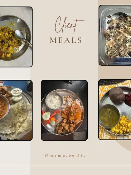 These are the kinds of delicious, balanced meals my clients eat. You can see paneer, dal, sabzi, and even overnight oats. This is what nourishing your body for results looks like.