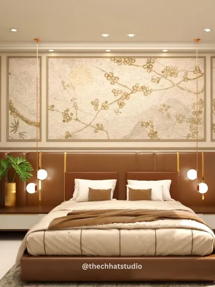 Your master bedroom should be a personal retreat. In this design, I combined a rich, brown leather headboard with a delicate, custom floral mural and soft pendant lighting to create an atmosphere of pure luxury and calm.