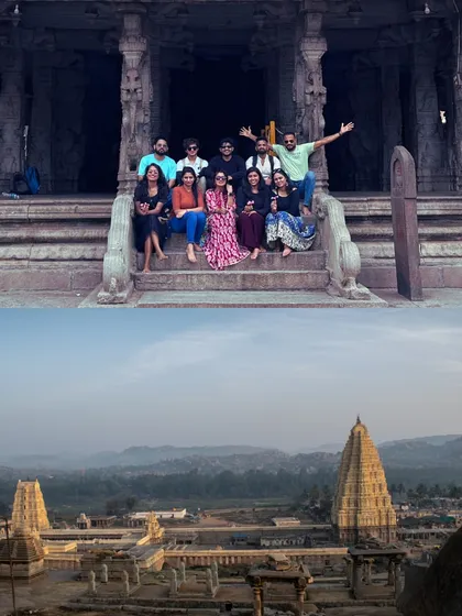 A collage showing our group exploring the ancient temples of Hampi.