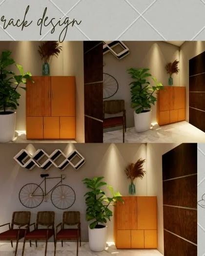 This collage shows a concept for a foyer, featuring a custom shoe rack design. I focus on making even the most practical elements, like storage, a beautiful part of your home's decor.