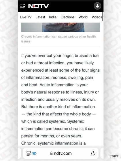 A screenshot from my NDTV article on inflammation. Chronic inflammation can be made worse or better with diet, and it's linked to many serious health issues.