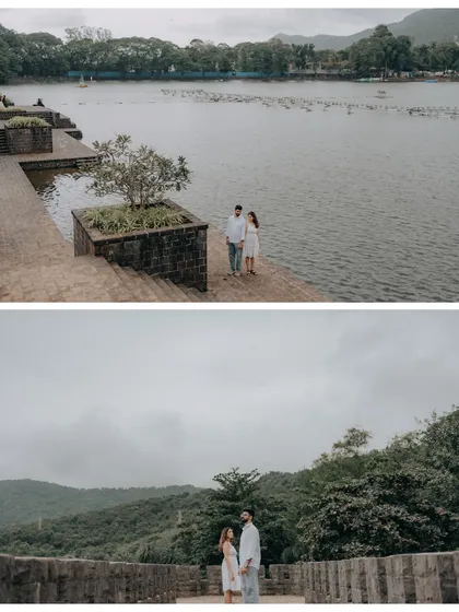 Two wide shots that establish the beautiful, expansive setting of this lakeside shoot. It shows the couple against both the water and the distant hills, creating a sense of peaceful escape.