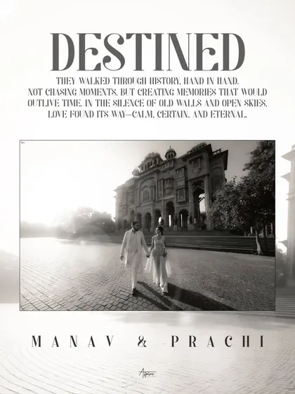 A black and white cinematic poster-style shot of Manav and Prachi walking hand-in-hand in Jaipur. This image captures the feeling of creating memories, not just chasing moments, against a backdrop of history.