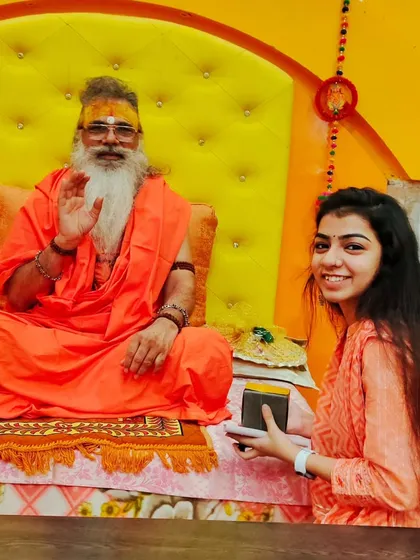 Seeking blessings from a revered saint during my visit to Vrindavan for a Shrimad Bhagwat Katha. These moments of spiritual guidance are priceless.
