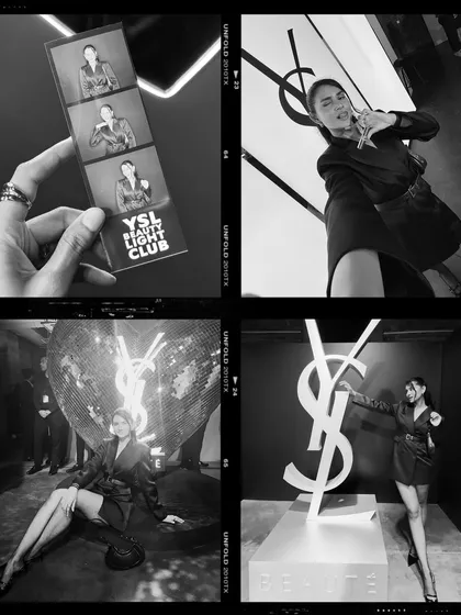 A black and white collage from the YSL party, capturing the chic and exclusive vibe of the event.