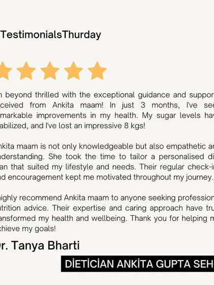 In just 3 months, Dr. Tanya stabilized her sugar levels and lost an impressive 8 kgs. My empathetic and personalized approach, with regular check-ins, kept her motivated throughout her journey.