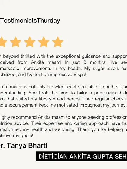 In just 3 months, Dr. Tanya stabilized her sugar levels and lost an impressive 8 kgs. My empathetic and personalized approach, with regular check-ins, kept her motivated throughout her journey.