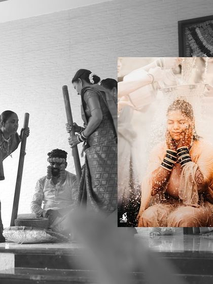 A black and white collage highlighting the traditional rituals and the bride's serene moments during her Haldi.