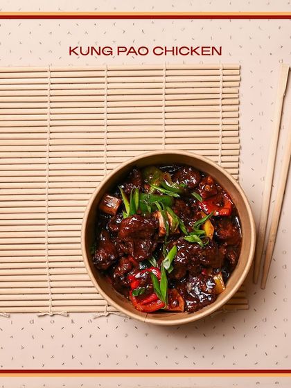 My Kung Pao Chicken, served in a delivery-ready bowl. This classic Sichuan dish features tender chicken, peanuts, and vegetables in a savory, sweet, and spicy sauce.