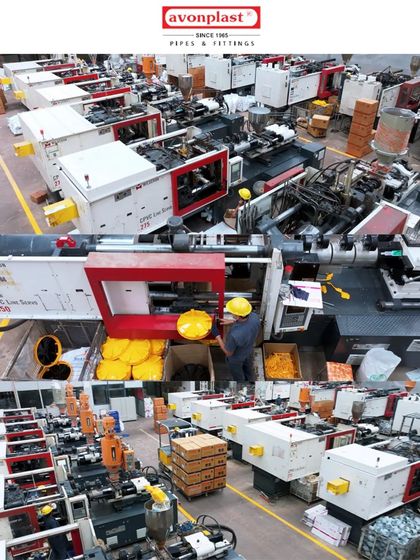 An overhead view inside the Avonplast factory, showing the arrangement of injection molding machines. Our drone and ground cameras safely capture the scale and complexity of the factory floor.