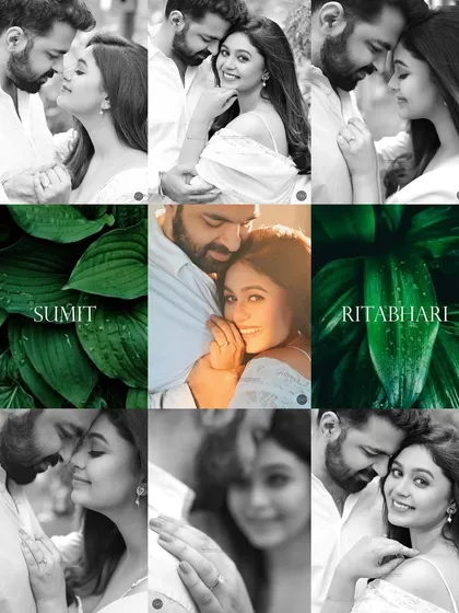 A collage that tells the complete story of a couple's engagement shoot. It combines intimate black and white portraits with a central color image and nature-inspired details.