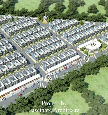 An expansive aerial view of the master plan for "Mahavir Nagar" in Rajasthan. This visualization shows the complete 8-acre layout, including 126 independent homes, commercial strips, and road networks, illustrating my expertise in mixed-use township planning.