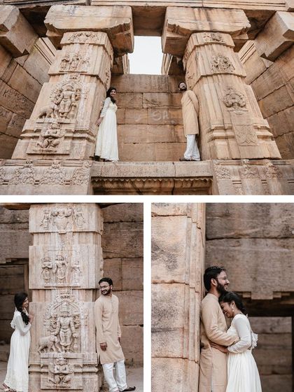 A duplicate of ID 338, this collage shows a couple's romantic pre-wedding shoot at Melkote temple.