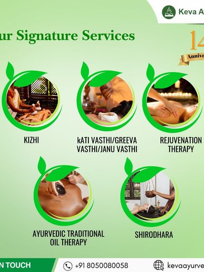 Explore our signature services designed for holistic healing. We offer Kizhi for pain, various Vasthi treatments for targeted joint relief, Rejuvenation Therapy to restore vitality, and Shirodhara for deep relaxation.
