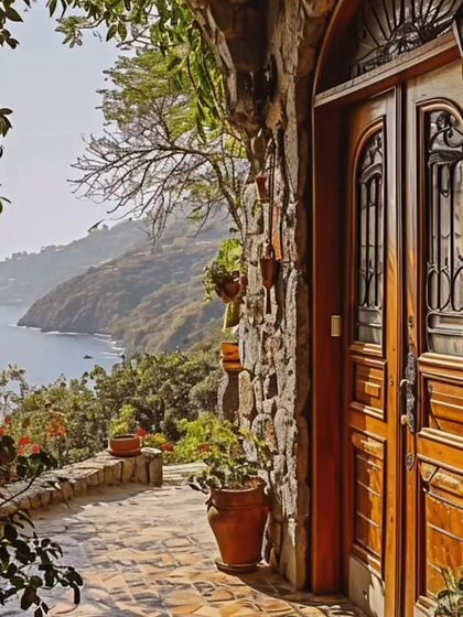 The rustic charm of this entryway is created with natural stone walls and flagstone paving. We use these timeless materials to build spaces that feel integrated with their natural surroundings.