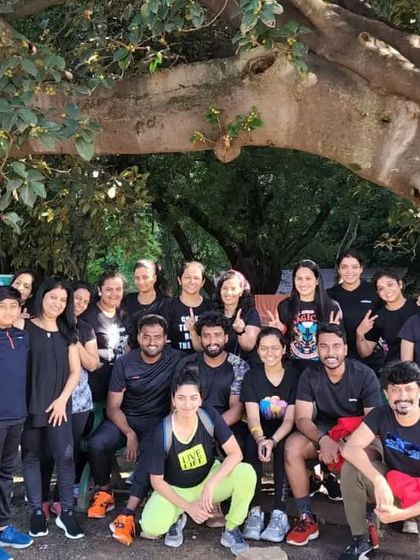 Our crew after a challenging outdoor bootcamp session. We love taking our fitness adventures into nature.