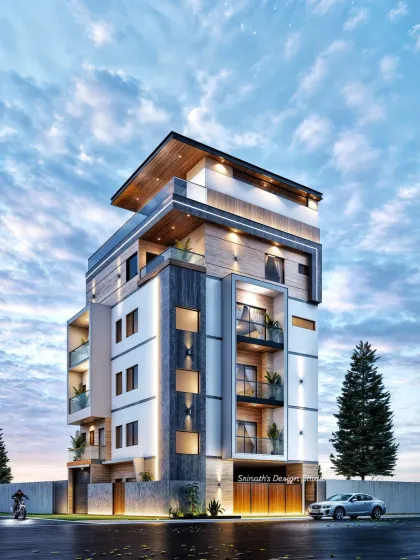 A striking 3D render of a 35'x40' multi-level home in Bangalore, demonstrating a sophisticated play of volumes, textures, and exterior lighting.