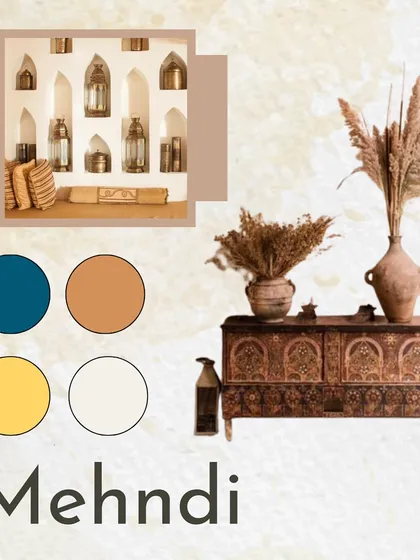 The mood board for 'Moroccan Nightfall'. Inspired by the vibrant hues of a sunset, we combined rich blues, earthy oranges, and traditional Moroccan patterns with rustic elements like dried grasses and lanterns.