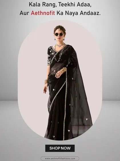 Kala rang, teekhi ada! This black organza saree is for the woman who loves to be bold and bewitching. The fabric is super light and the shimmer is just enough to make you the star of any evening party.