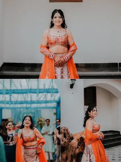 A collage dedicated to the beautiful bride, Ankita, at her Mehendi. It captures her solo dance performance and her radiant smiles, showcasing her as the star of the celebration.