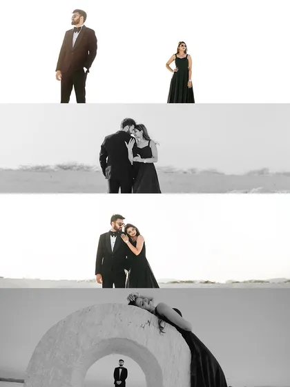 A film strip-style collage showcasing the variety of shots from a desert pre-wedding session, from artistic compositions to classic portraits.