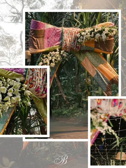 A collage detailing the magnificent 12-foot entrance bow made from various brocade fabrics. The addition of fresh white flowers softens the look and adds a touch of elegance.