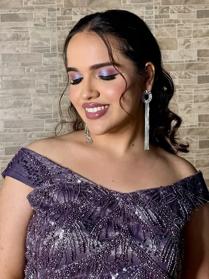 A close-up of the bold purple eyeshadow. The shimmer and colour are blended beautifully.